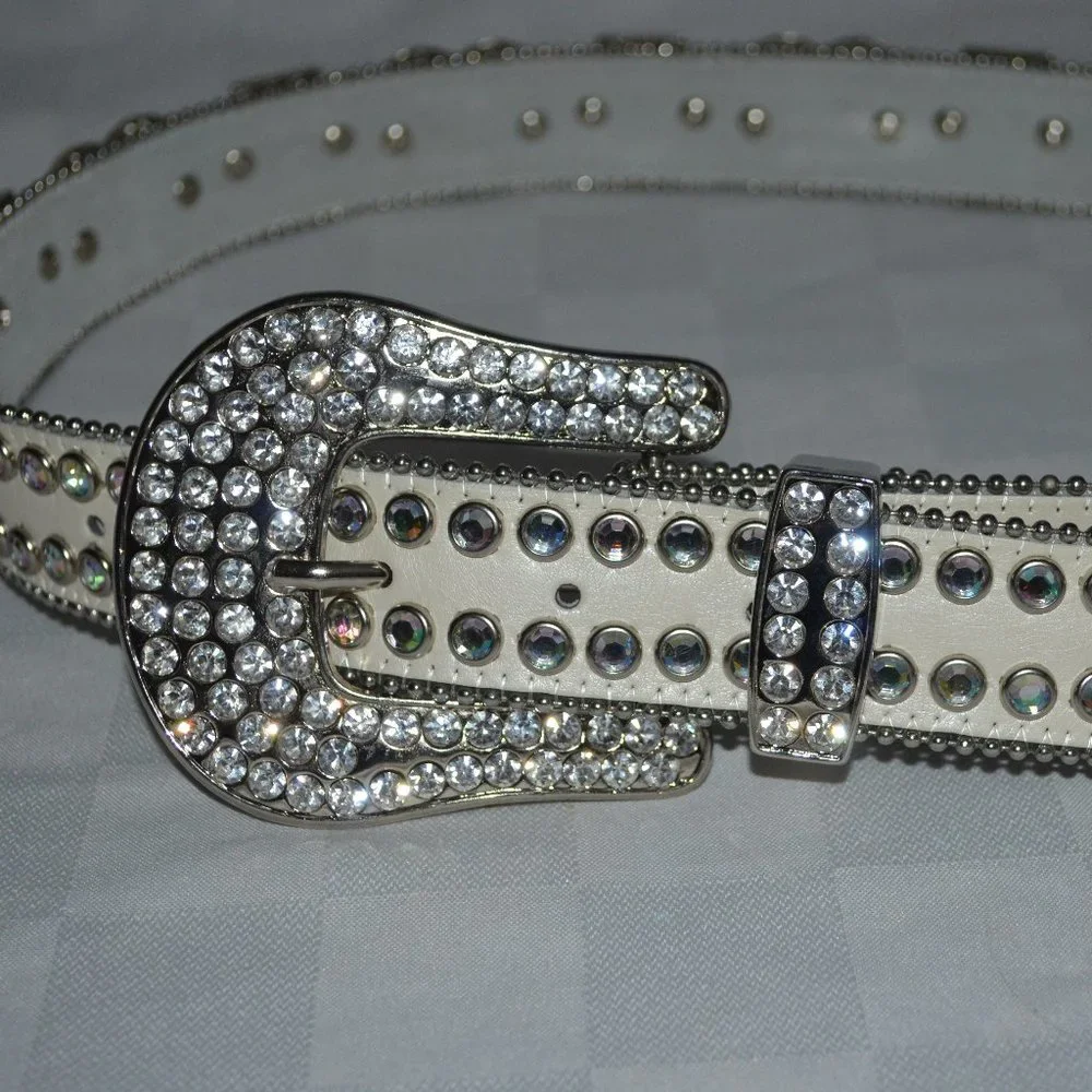 Sz S White Leather Swarovski Crystal Hearts Crosses Belt and Buckle